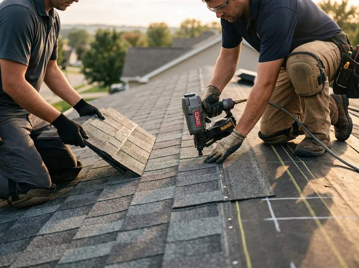 Professional roofer working on a residential roof in Monument